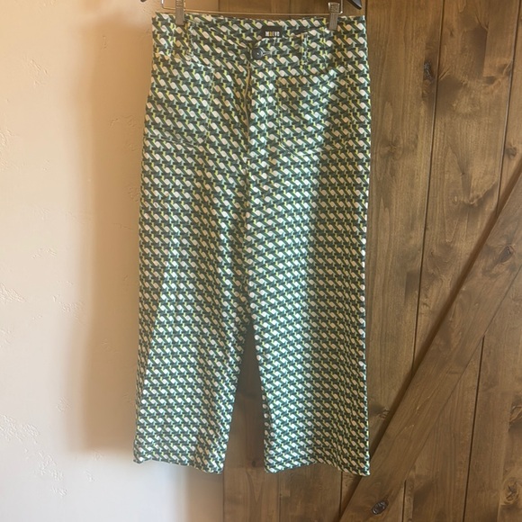 Maeve Green and White Geometric Linen Cropped Pants - Picture 1 of 3